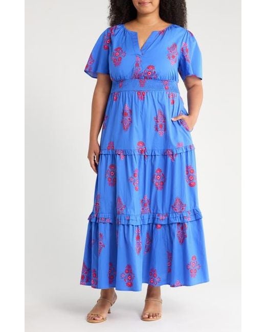 Sugarlips Blue Shayna Floral Palmer Tiered Cotton Poplin Maxi Dress