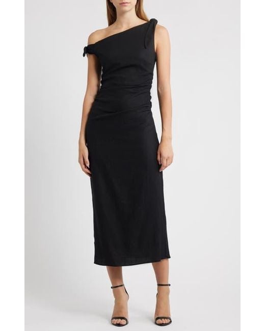 Wayf Black Clio Tie Shoulder Linen Blend Midi Dress