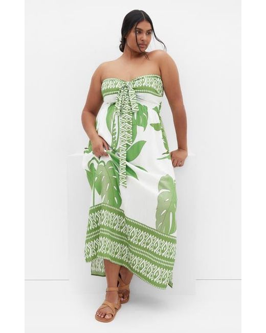 City Chic Green Peta Border Print Strapless Maxi Dress