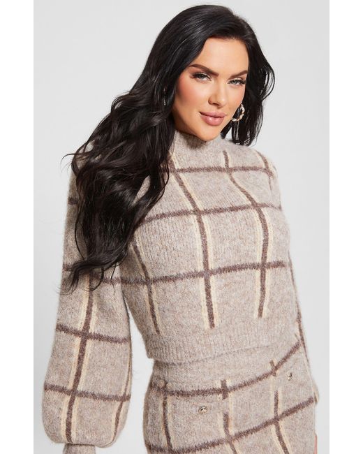 Guess Nadia Plaid Jacquard Sweater in Natural | Lyst