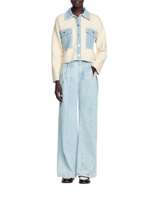 Sandro Blue Oversized Dual-Material Coatigan