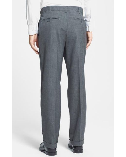 Berle Gray Self Sizer Waist Plain Weave Pleated Washable Trousers for men