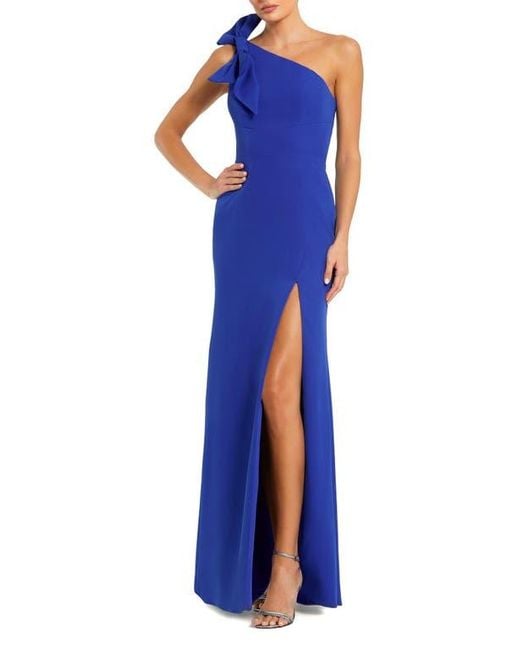 Mac Duggal Blue Crepe One Shoulder Fitted Gown With Bow