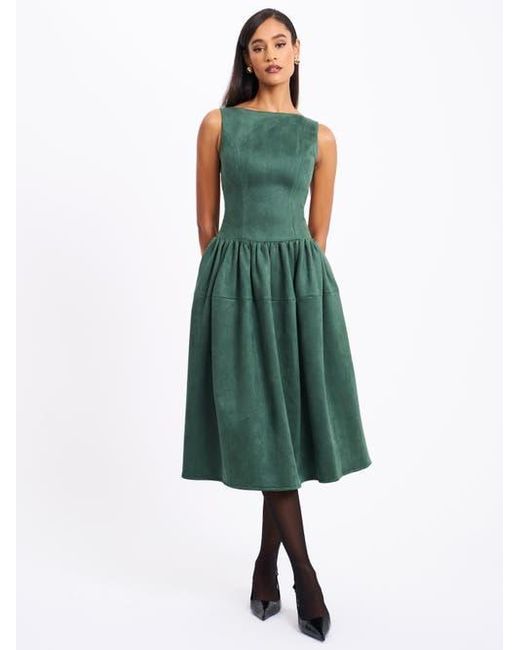 Miss Circle Green Laila Suede Boat Neck Backless Midi Dress