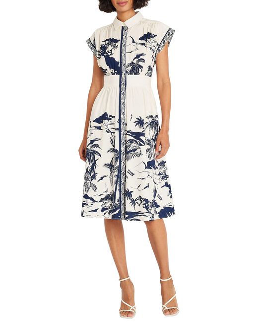 Maggy London Multicolor Placed Print Stretch Cotton Midi Shirtdress