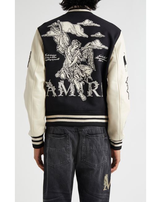 Amiri Black Angel Graphics Oversize Leather Sleeve Wool Blend Varsity Jacket for men