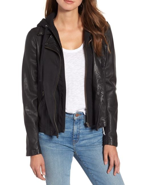 Caslon Black Caslon Leather Moto Jacket With Removable Hood