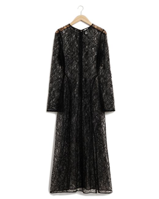 & Other Stories Black & Sheer Long Sleeve Lace Midi Dress