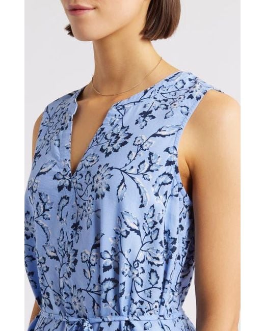 Beach Lunch Lounge Blue Atlas Print Sleeveless Tiered Dress