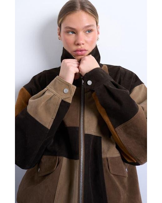 TOPSHOP Brown Patchwork Faux Suede Bomber Jacket
