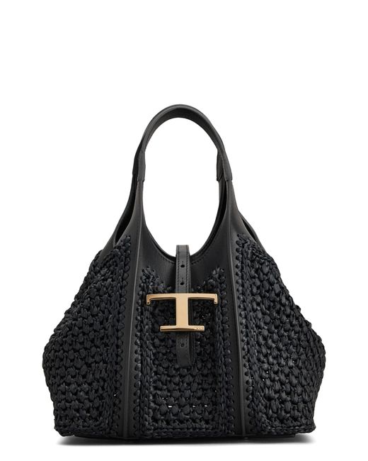 Y2K TOD’S Mini Boston Crochet Leather Tod's Mini T Timeless Crochet Raffia & Leather Shopping Bag in