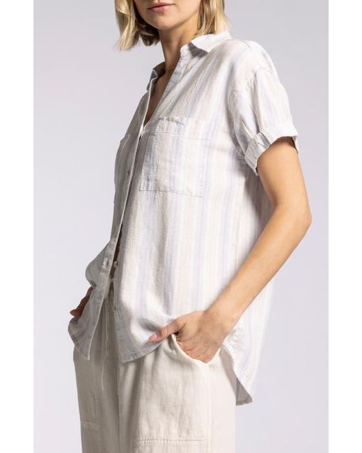 Thread & Supply White Sydney Stripe Short Sleeves Linen Blend Button-Up Shirt