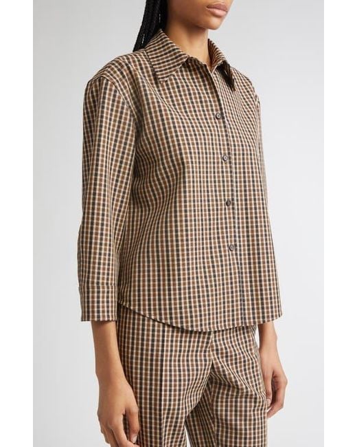 Jil Sander Brown Classic Check Three-Quarter Sleeve Crop Button-Up Shirt
