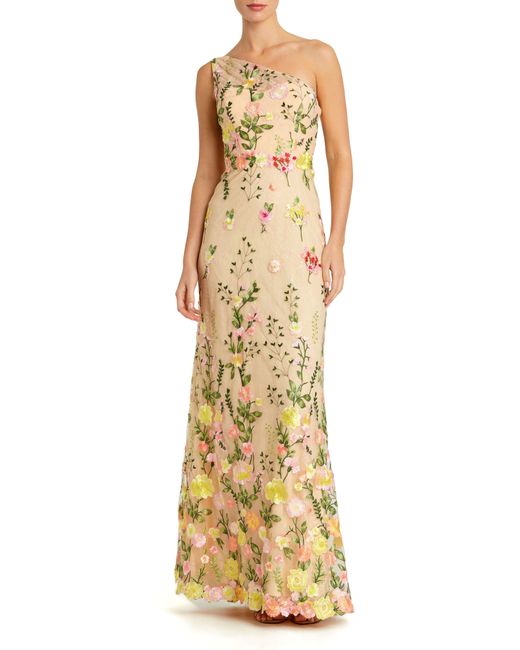 Mac Duggal Metallic Floral Embroidery One-shoulder Gown