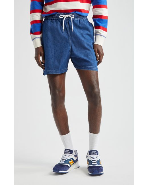 Drake's Blue High Waist Denim Drawstring Shorts for men