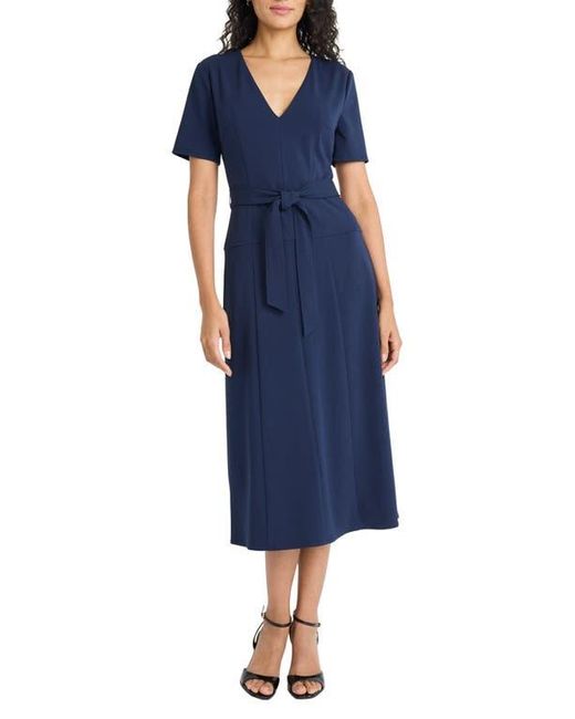 Maggy London Blue Short Sleeve Tie Waist A-Line Midi Dress