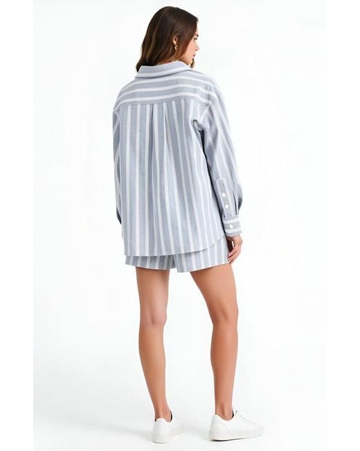 Modenaire Blue Striped Button-Up Shirt And High-Waist Shorts Set With Relaxed Fit