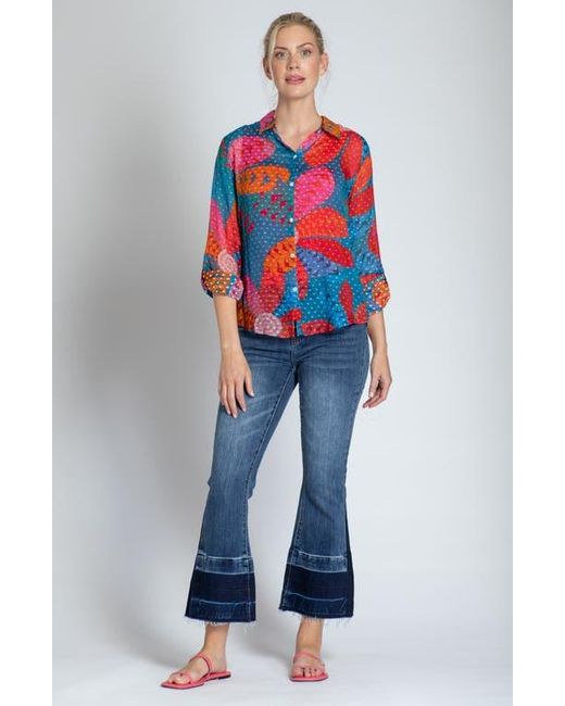 Apny Red Print Roll-Up Sleeve Chiffon Button-Up Shirt