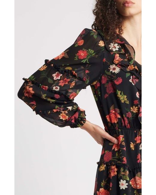 Cece Black Floral Long Sleeve Ruffle Dress