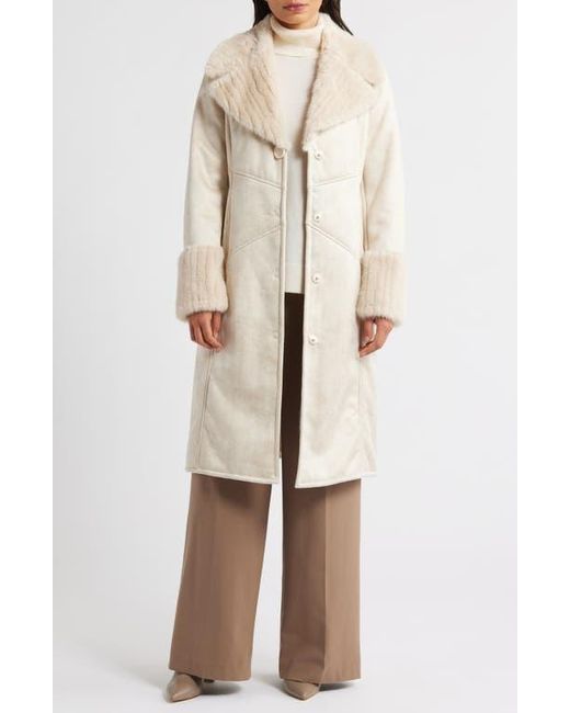 Via Spiga Natural Faux Fur Trim Longline Coat