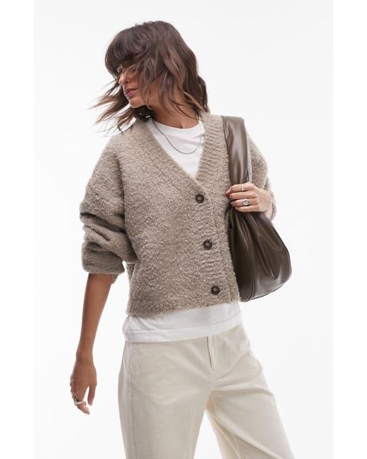 TOPSHOP Knitted V neck Boucle Oversized Cardigan in Natural Lyst