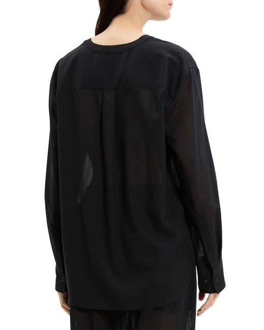 Theory Black Wool Blend V-Neck Button-Up Shirt
