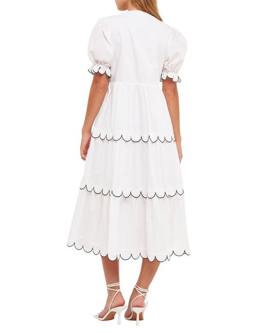 English Factory White Contrast Scalloped Trim Cotton Midi Dress