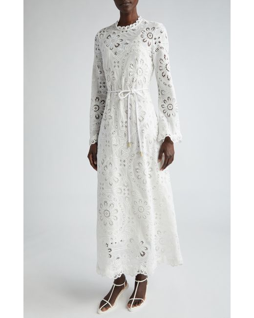 Zimmermann White Ottie Mock Neck Long Sleeve Guipure Lace Maxi Dress