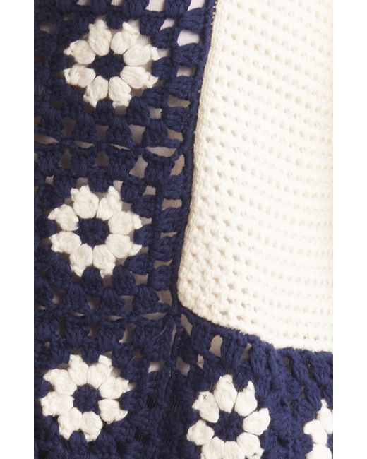 Rails Blue Milan Crochet Accent Open Stitch Short Sleeve Cotton Sweater