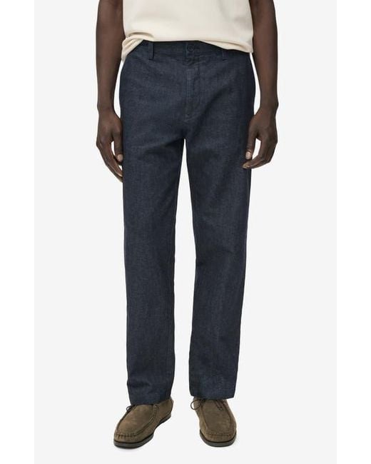 Mango Blue Straight Fit Flat Front Cotton & Linen Twill Pants for men