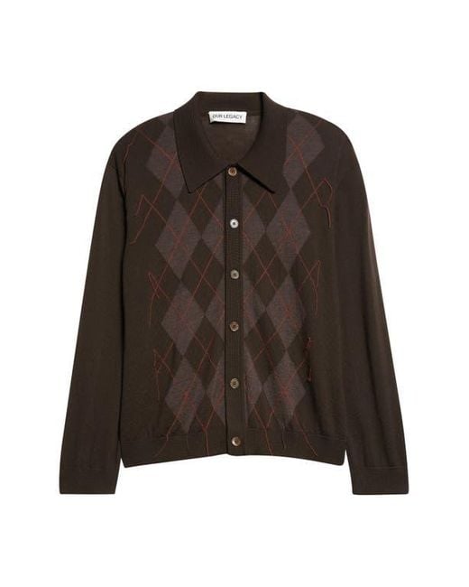 Our Legacy Black Evening Polo Argyle Wool Cardigan for men
