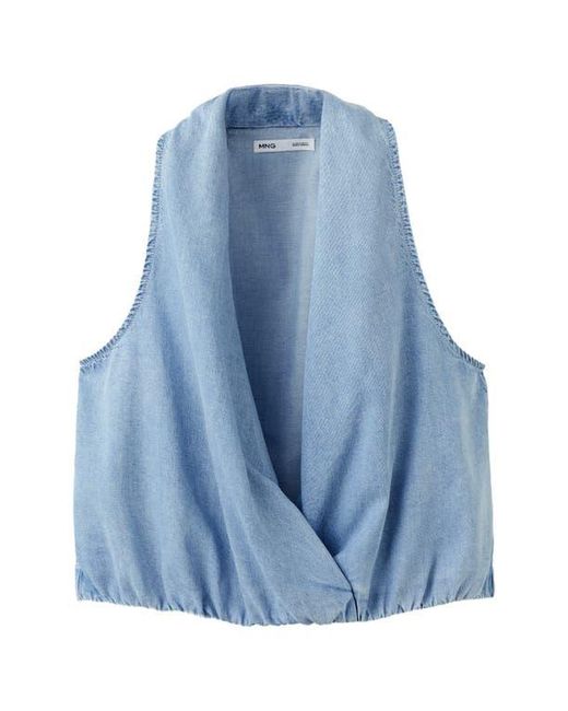 Mango Blue Drape Plunge Neck Top