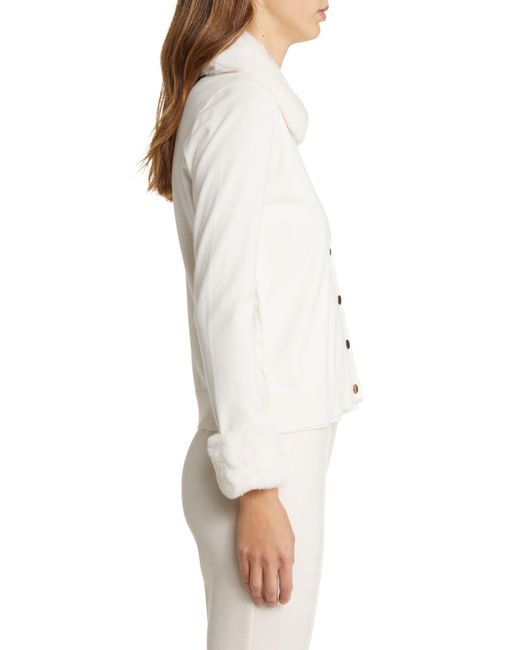 Anne Klein Faux Fur Trim Cardigan in White | Lyst
