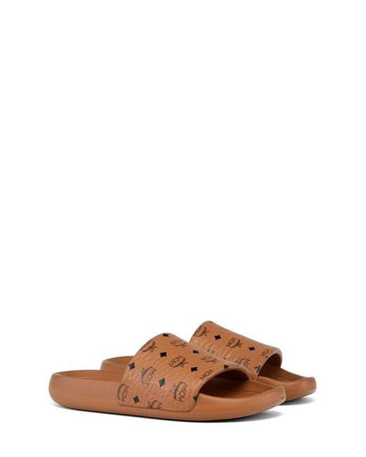 MCM Brown Monogram Print Rubber Slides