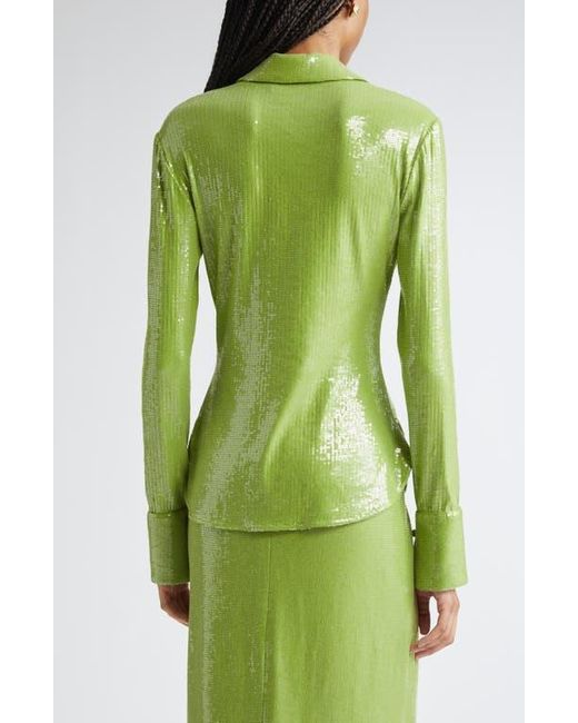 Oscar de la Renta Green Sequin Jersey Button-Up Shirt