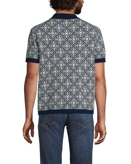 Lands' End Blue Short Sleeve Tile Jacquard Button Down Sweater Polo for men