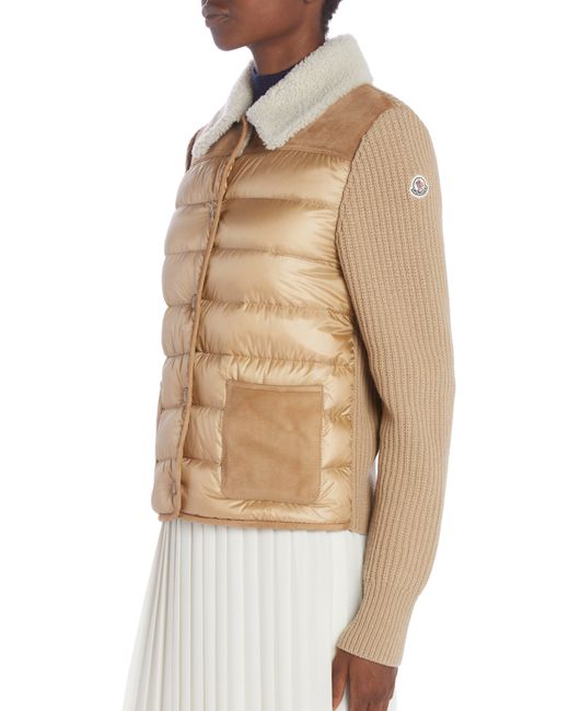 Moncler White Wool Knit & Quilted Nylon Cardigan With Genuine Shearling Collar