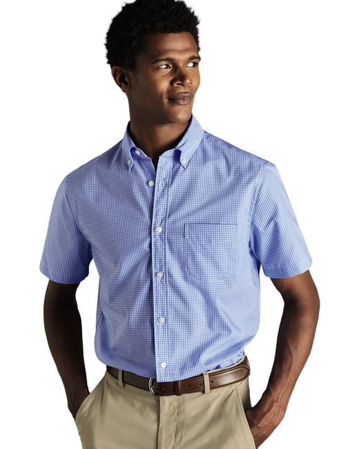 Charles Tyrwhitt Blue Slim Fit Button-down Collar Non-iron Stretch Mini Gingham Short Sleeve Shirt for men