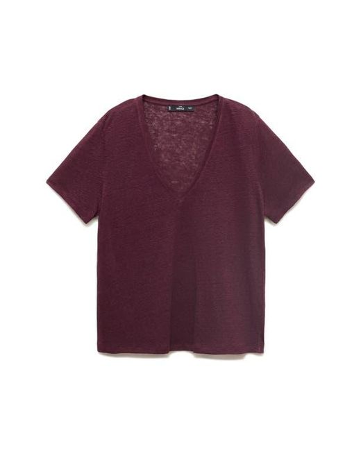 Mango Purple V-Neck Linen T-Shirt
