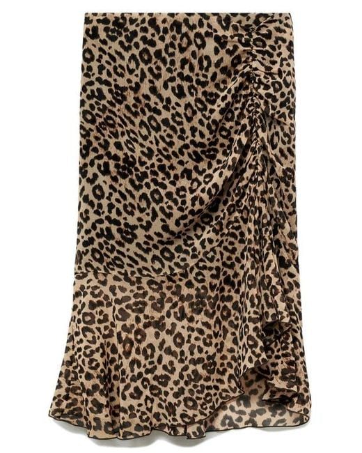 Mango Black Leopard Print Ruched Midi Skirt