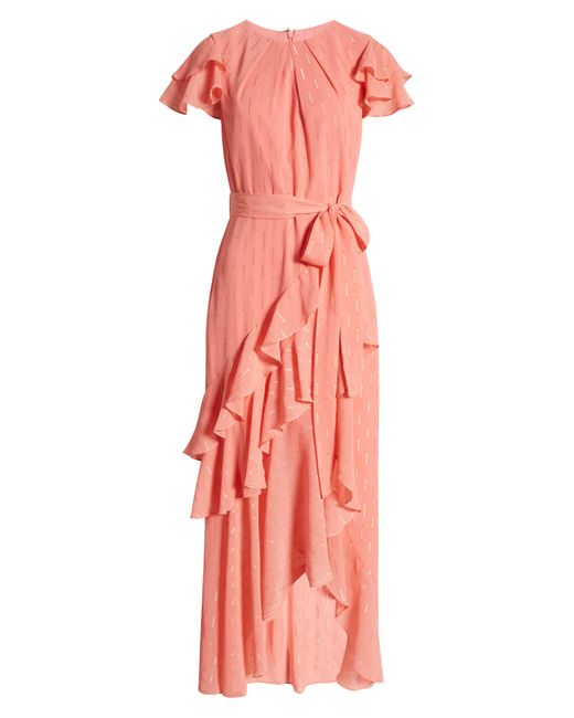 Eliza J Pink Metallic Ruffle Fil Coupé High-low Maxi Dress