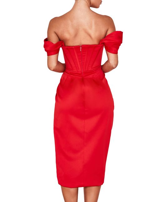 House Of Cb Red Loretta Off The Shoulder Satin Corset Dress