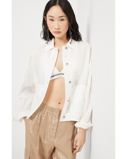 Brunello Cucinelli White Organza Outerwear Jacket With Monili