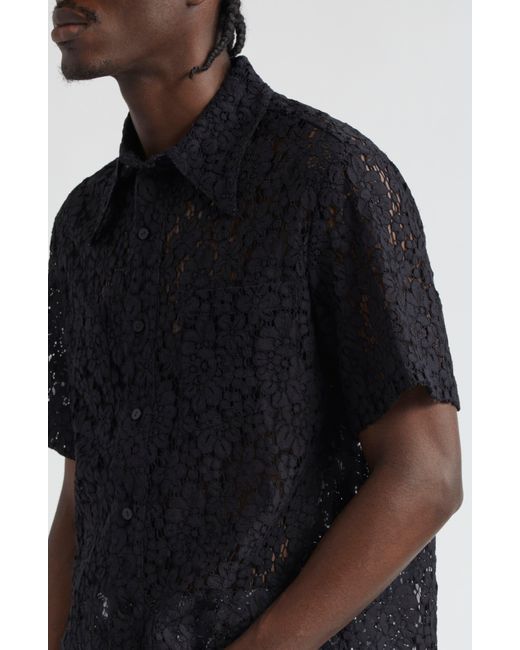 Eckhaus Latta Black Flora Short Sleeve Lace Button-up Shirt for men