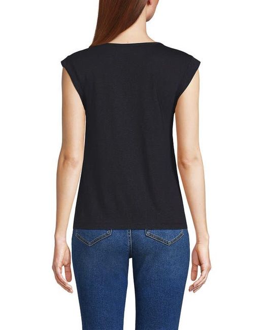 Lands' End Black Linen Blend Cap Sleeve Gathered Shoulder Tee