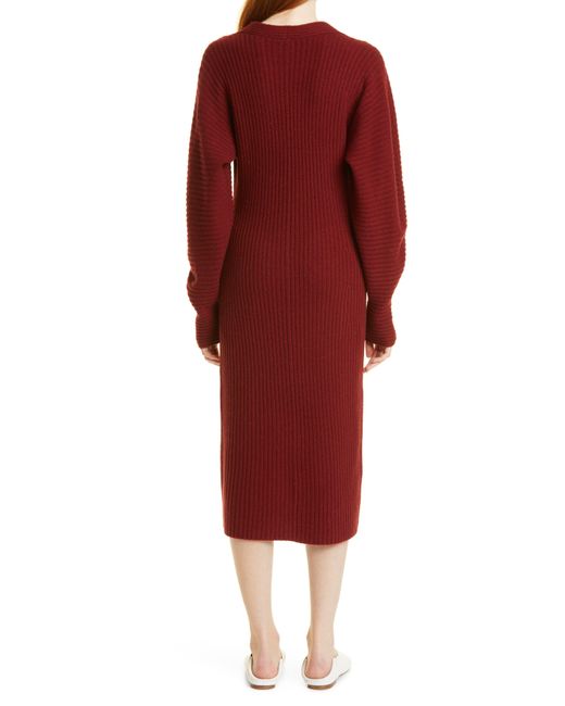 Vince Red Ribbed Plunge Neck Long Sleeve Wool Blend Dress In 528cur-currant At Nordstrom Rack