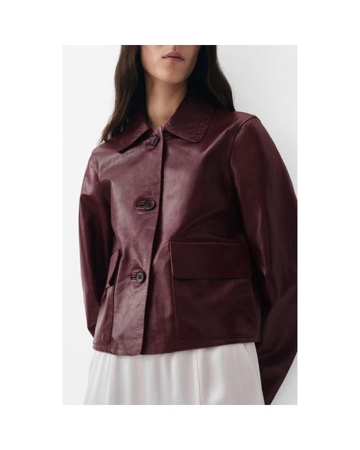 Mango Red Leather Button-Up Jacket