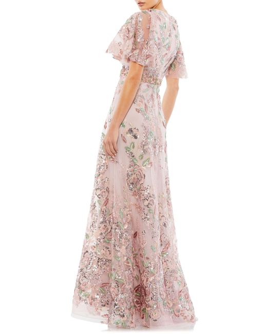 Mac Duggal Pink Sequin Floral Butterfly Sleeve A-line Gown