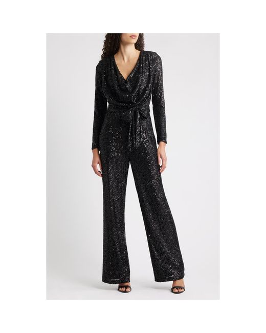 Eliza J Women's Black Draped Neck Long Sleeve Sequin Jumpsuit