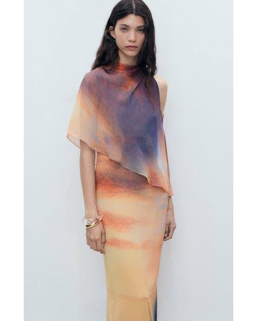 Mango Orange Abstract Print Cape Detail Gown